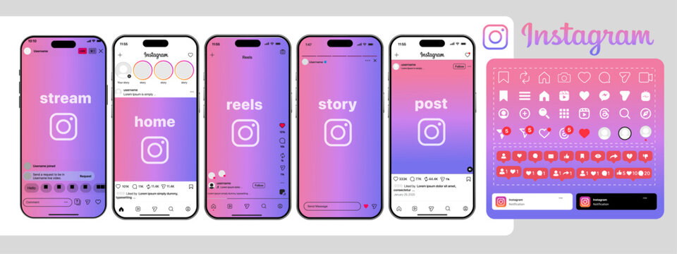Instagram Complete UI Mockup with post feed, reels, stories, explore, profile, DM, live stream, logo, icons, notifications, and creative modern social media interface vector illustration.