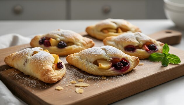 Golden baked fruit turnovers dusted with powdered sugar on a wooden board