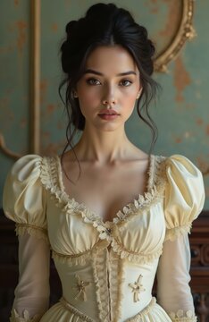 Elegant woman wears cream historical gown with lace trim. Dark hair styled up. Serious expression, direct gaze. Appears in ornate room. Classic beauty.