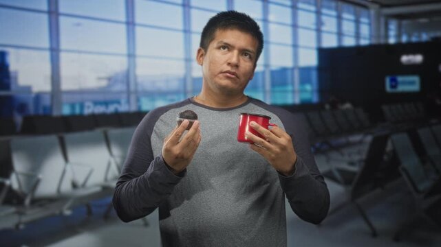 Man holds red mug and chocolate muffin at an airport gate seating area, glancing uncertainly; travel fatigue indecision.