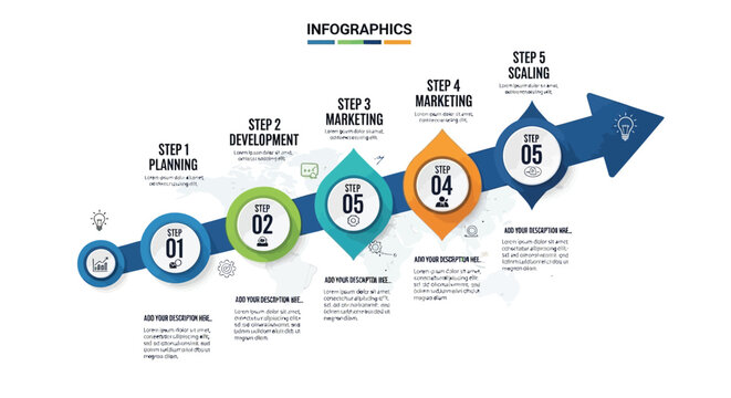 Dynamic five-step infographic template for business process optimization, strategic development, and continuous growth visualization with an upward trending arrow