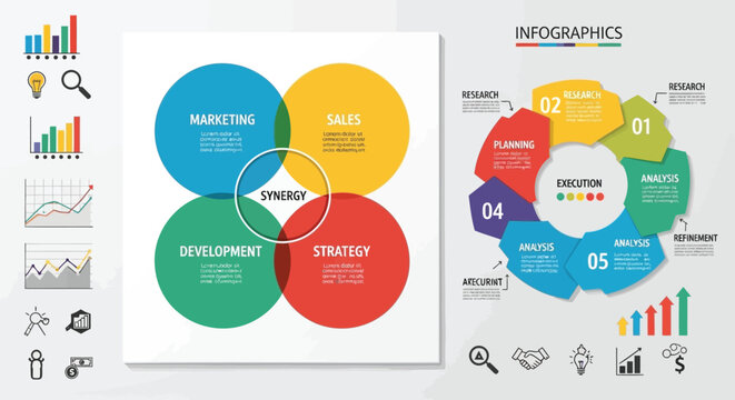 Dynamic Business Strategy and Development Infographics Visualizing Marketing, Sales, and Planning for Synergistic Growth and Operational Efficiency