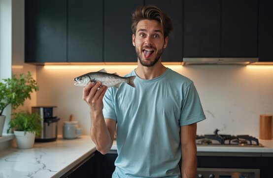 Man makes funny face holding raw fish in kitchen. He sticks out tongue showing aversion to seafood. Funny reaction about meal preparation or dislike.