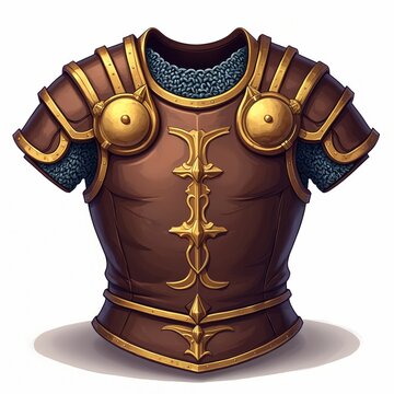 Detailed illustration of ancient Roman cuirass with ornate gold trim and chainmail lining. Brown leather armor features intricate decorative elements. Protective battle gear on white background.