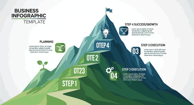 Business infographic template with mountain peak, 4 steps to success growth concept, mountain climbing path for corporate planning and execution