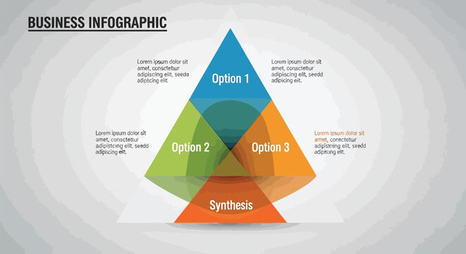 Business infographic pyramid with three overlapping options and synthesis, colorful geometric triangle diagram for corporate presentations and data analysis