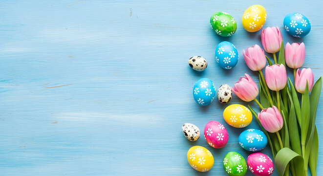 Easter background. Colorful spring tulips with butterflies and painted eggs