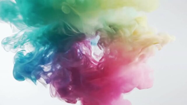 Hypnotic abstract video showing dynamic plumes of multi-colored ink gracefully swirling and blending in clear water, forming stunning ethereal smoke patterns.