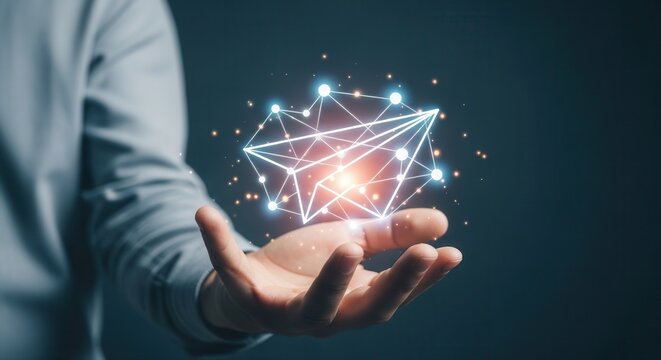 A palm supports a glowing holographic paperplane icon for data transmission, network, technology, digital, data, virtual, system, software