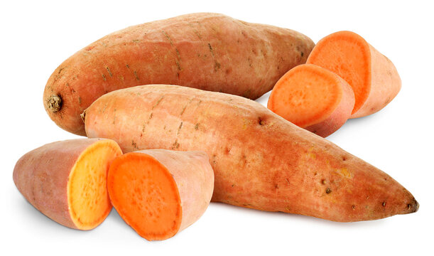 Sweet potatoes isolated on white. Whole and sliced