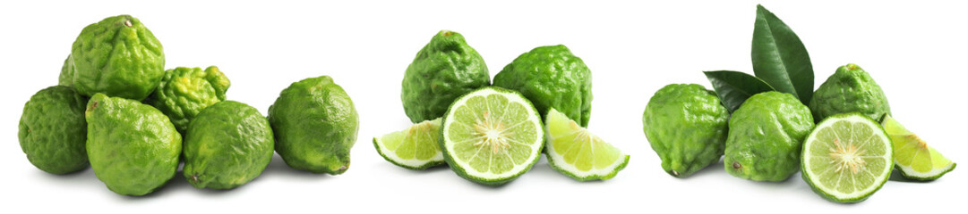 Fototapeta premium Fresh bergamot fruits isolated on white, set. Whole and sliced