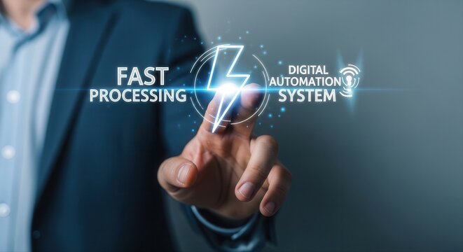 A hand interacts with a holographic lightning bolt icon symbolizing fast processing, automation, technology, digital, system, innovation, ai