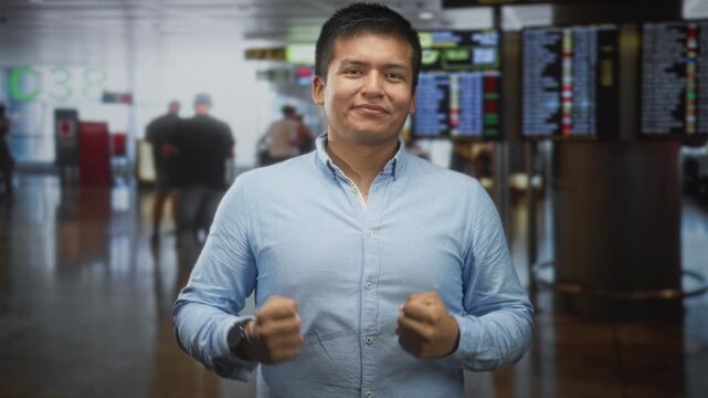 Man with clenched fists and closed eyes at airport gate display, smiling in light blue shirt; relief travel optimism.