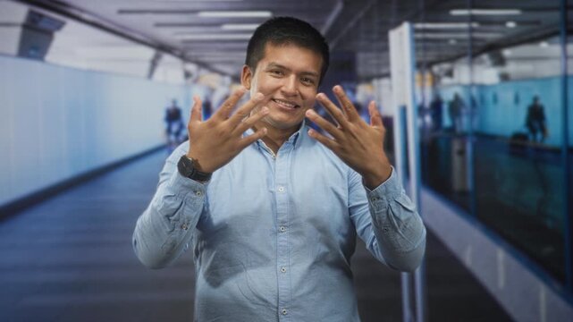 Man points fingers at camera and displays open hands in busy airport corridor; confidence social charm.