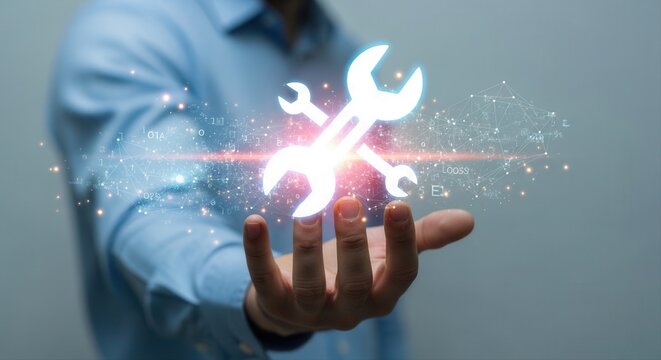 A hand holds a glowing holographic wrench icon for digital system repair, system, automation, technology, digital, software, process, business