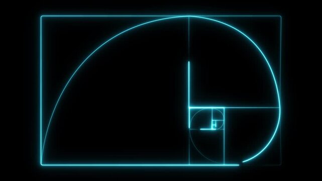 Neon Cyan Fibonacci Spiral and Golden Ratio Grid . . neon Fibonacci spiral golden ratio icon. 4k motion video.