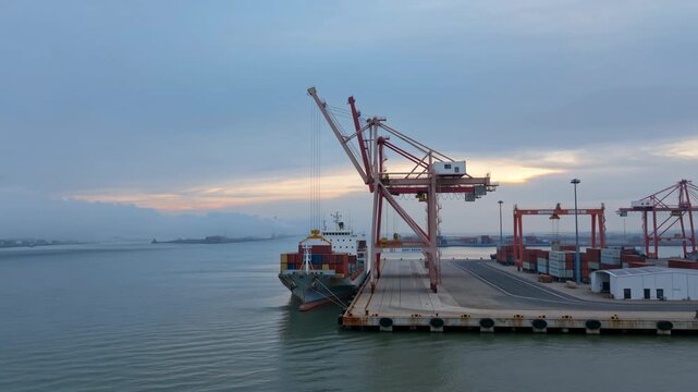 Container ship docked at a modern port terminal with cranes, cargo logistics, and maritime industry operations.