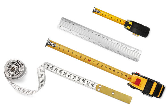 Measuring tapes and ruler isolated on white, set. Top view