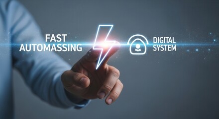Fototapeta premium A hand interacts with a holographic lightning bolt icon symbolizing fast processing, automation, technology, digital, system, innovation, ai