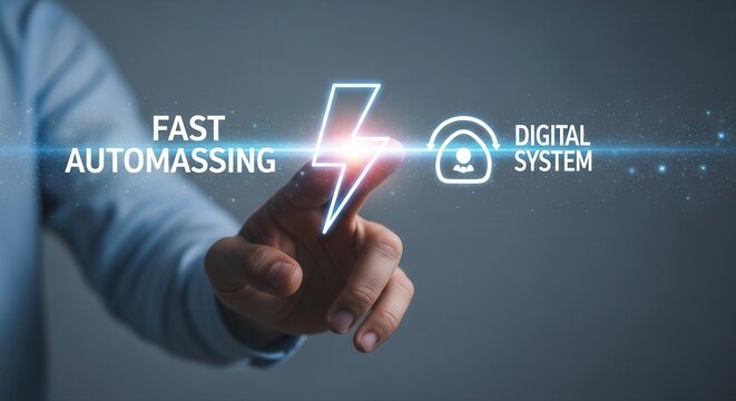 A hand interacts with a holographic lightning bolt icon symbolizing fast processing, automation, technology, digital, system, innovation, ai