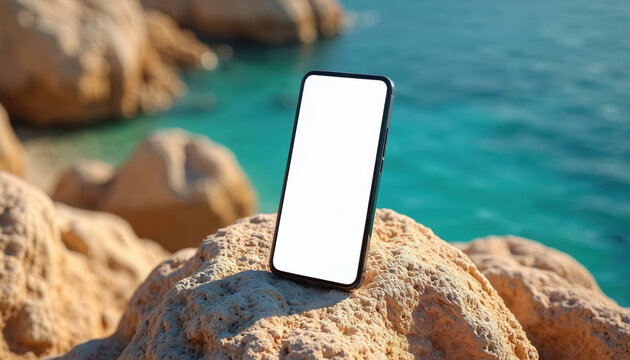Smartphone with white screen rests on rock near turquoise ocean water. Natural beach setting, perfect for app promotion, travel blog, or product display.
