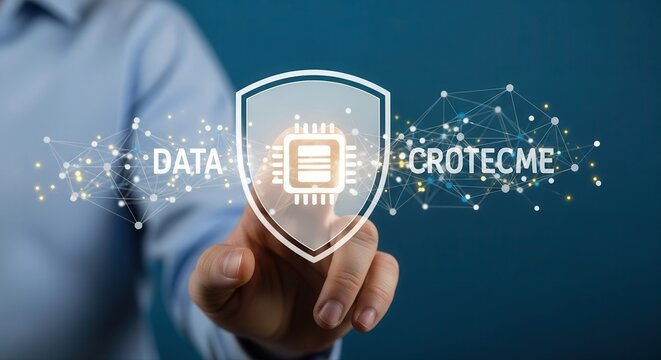 A hand interacts with a holographic shield icon protecting a data core, cybersecurity, data, technology, digital, system, network, protection