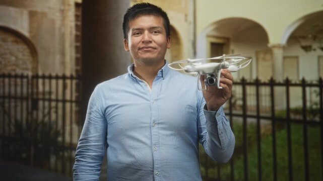 Man smiling and holding a quadcopter drone by its camera in front of a historic building courtyard with arches and iron fence; confidence technology hobby.