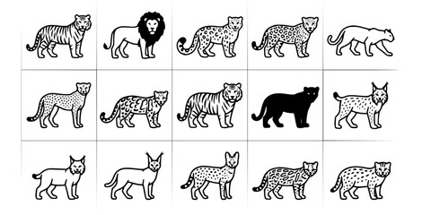 Fototapeta premium 15 Black and White Big Cats of the World Vector Icons Flat Line Art Collection