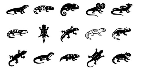 Fototapeta premium 15 Black and White Lizard Gecko Vector Icons Flat Line Art Collection