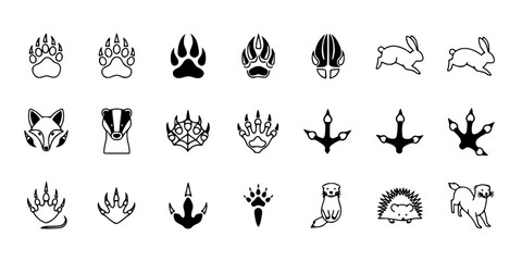 Obraz premium 15 Black and White Animal Track Footprint Vector Icons Flat Line Art