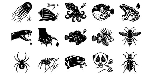 Fototapeta premium 15 Black and White Animal Venom Toxin Vector Icons Flat Line Art Set