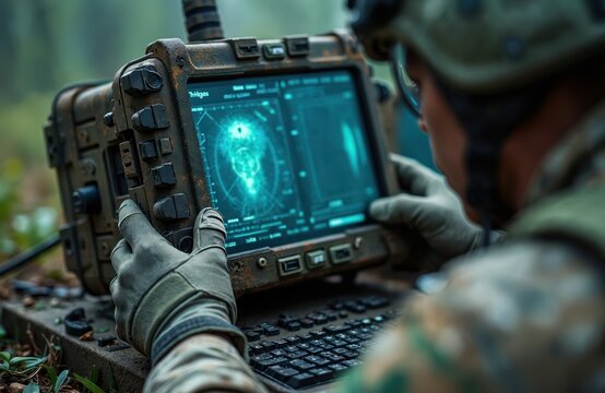 Soldier uses rugged military computer in forest. Person analyzes radar data on screen. Tactical display shows threat detection. Soldier wears camouflage uniform and helmet.