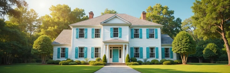 Obraz premium Classic white two story house with bright blue shutters. Large green lawn surrounds neat bushes and mature trees. Driveway leads to welcoming turquoise front door on sunny day.