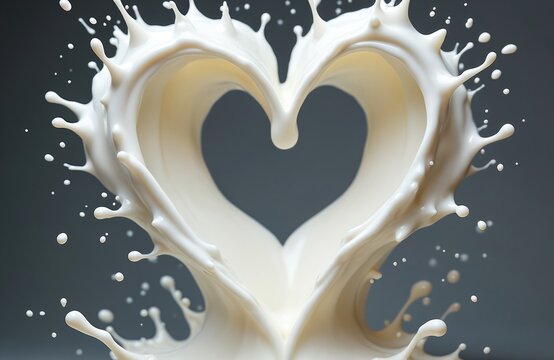 White liquid splashes into a heart shape. Creamy dairy fluid forms dynamic curves and droplets. Abstract motion background for healthy food or beverage ads.