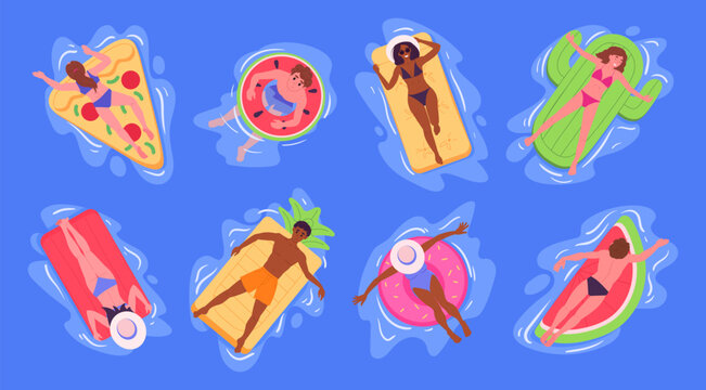 Characters floating on pool float. People swimming in ocean or pool, Inflatable mattress of various shapes, summer sea vacation recreation flat vector illustration set. Cartoon people on water mats