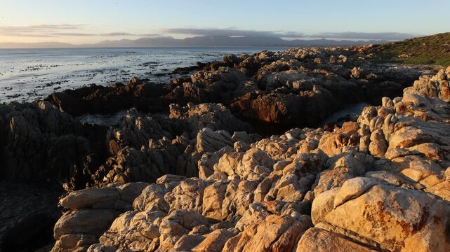Rocky coastline of DeKelders overlooking the Atlantic Ocean, South Africa