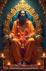Fototapeta premium Indian guru sits on ornate golden throne wearing orange robes, flower garlands. Long dark hair, beard, adorned with red mark on forehead. Candles flicker, illuminating sacred scene with spiritual