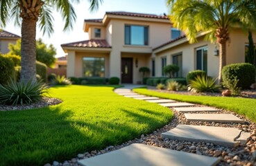 Fototapeta premium Manicured lawn leads to modern beige house entrance. Stone path winds through garden beds with green bushes and palm trees. Sunlight brightens the beautiful residential property exterior.