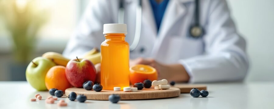 Doctor with stethoscope offers bottle of supplements, fresh fruits, pills, and berries. Healthy lifestyle consultation for optimal wellness and nutrition guidance. Care for vitality.