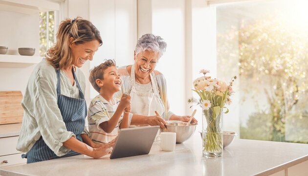 Joyful three-generation family baking together in a bright kitchen, using a tablet for a recipe, with copy space right