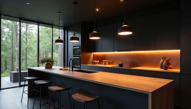 Modern black kitchen with wood island and forest view. Sleek cabinets, copper backsplash, and pendant lights create a luxe vibe. Bar stools invite guests to gather in this stylish cooking space.