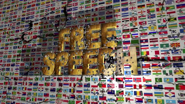 Free Speech Concept With Cracked World Flags Background Symbolizing Global Justice