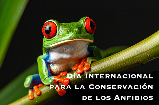Cartel D&iacute;a Internacional para la Conservaci&oacute;n de los Anfibios con una Rana ex&oacute;tica verde con ojos rojos sobre una rama, para campa&ntilde;as de biodiversidad, sostenibilidad, medio ambiente y vida salvaje