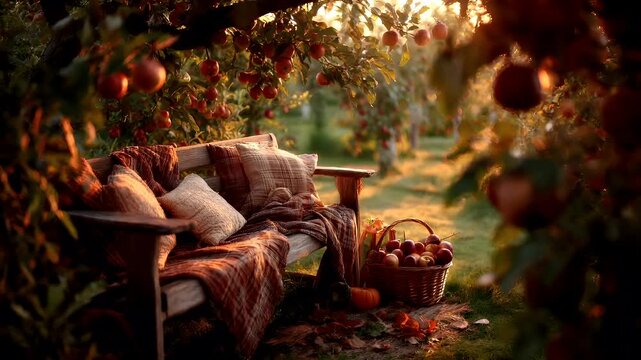 Spring Summer outdoor leisure relaxation activity. A vivid portrayal of a serene outdoor scene during autumn. A rustic wooden bench with cushions and a plaid blanket sits under a tree laden with ripe.