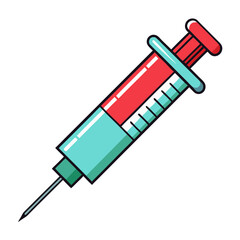 Fototapeta premium Medical syringe vector illustration, red vaccine injection icon with needle, healthcare and immunization concept art on white background
