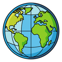 Obraz premium Stylized earth globe vector illustration, green and blue world map icon, cartoon planet earth with bold outlines for environmental and travel design