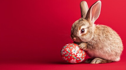 Fototapeta premium Cute brown rabbit with large ears holding a decorated Easter egg against a red background.