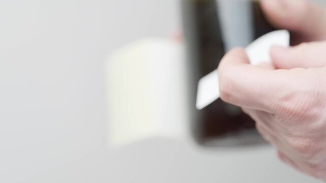 Person hands sticking a paper sticker label on a dark glass jar against a grey background. Concept of homemade organic food packaging, branding, and small business production.