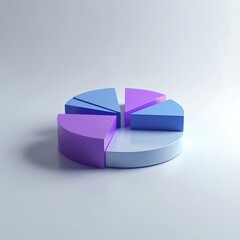 Obraz premium Three dimensional pie chart with purple and blue segments on a white background. Graphic represents data segments, analytics, and business finance concepts. Shows share percentage breakdown.