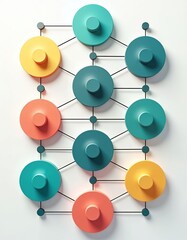 Fototapeta premium Abstract graphic shows linked circles in rows forming network. Represents system, process, strategy, or connections. Modern design with clean lines and bright colors.